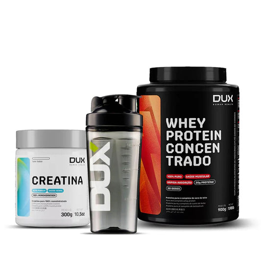 Combo Whey Protein Concentrado Chocolate 900g Dux Nutrition + Creatina 300g + (Coqueteleira de Brinde)